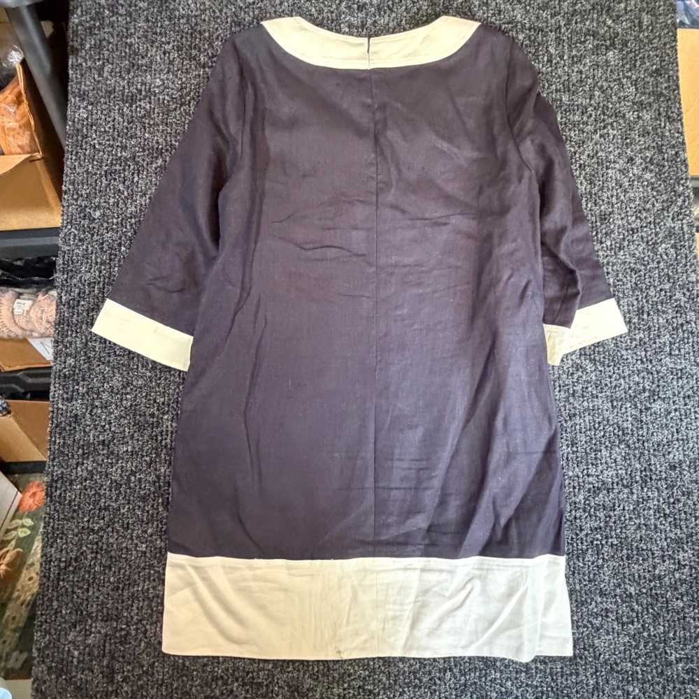 Michael Michael Kors Linen Shift Dress Navy Blue Cream Trim XL 100% Linen Lined - Picture 7 of 7